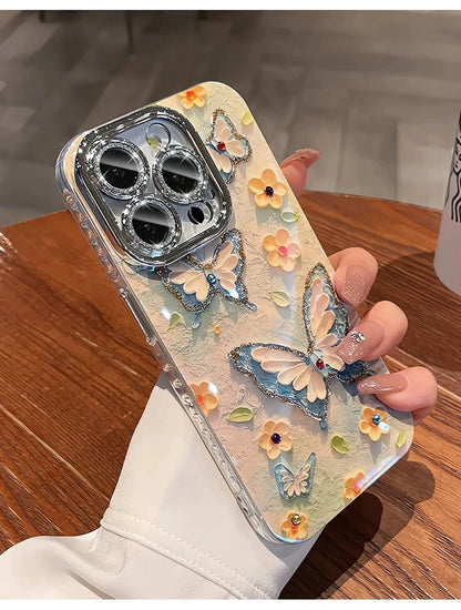 Luxury Butterfly Flowers Laser Glitter Phone Case For iPhone 11 12 13 14 15 16 Pro Max Plus Diamond Shockproof Bumper Cover