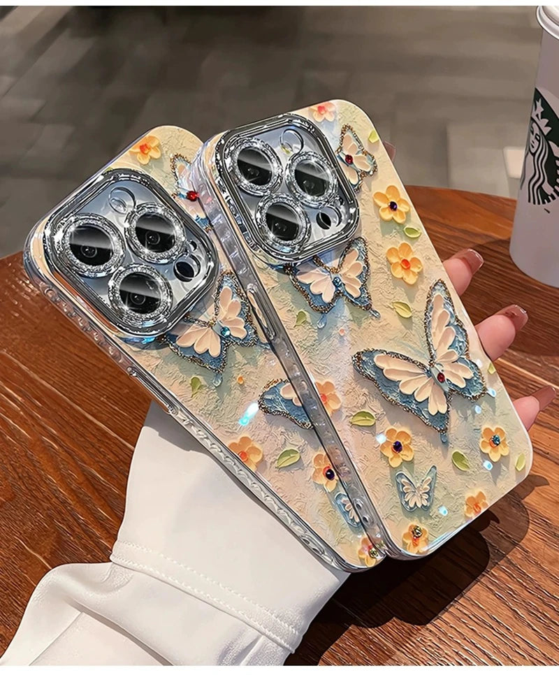 Luxury Butterfly Flowers Laser Glitter Phone Case For iPhone 11 12 13 14 15 16 Pro Max Plus Diamond Shockproof Bumper Cover