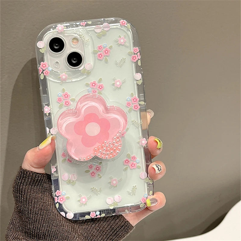 Cute Quicksand Pink Flower Holder Phone Case For Samsung Galaxy S24 Ultra S23 S22 Plus S21 FE A15 A35 A55 A34 A54 A33 Soft Cover