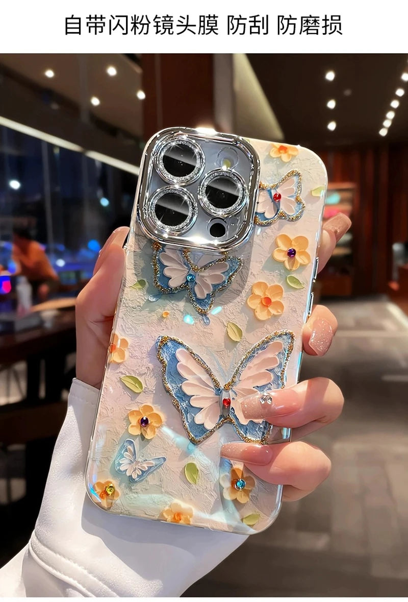 Luxury Butterfly Flowers Laser Glitter Phone Case For iPhone 11 12 13 14 15 16 Pro Max Plus Diamond Shockproof Bumper Cover