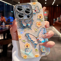 Luxury Butterfly Flowers Laser Glitter Phone Case For iPhone 11 12 13 14 15 16 Pro Max Plus Diamond Shockproof Bumper Cover