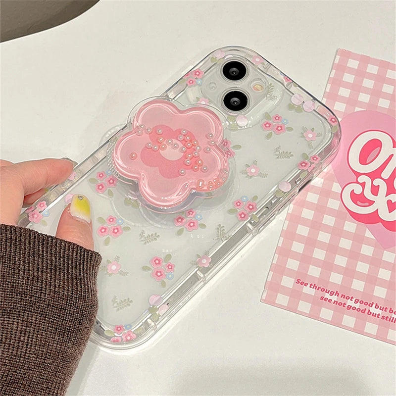 Cute Quicksand Pink Flower Holder Phone Case For Samsung Galaxy S24 Ultra S23 S22 Plus S21 FE A15 A35 A55 A34 A54 A33 Soft Cover